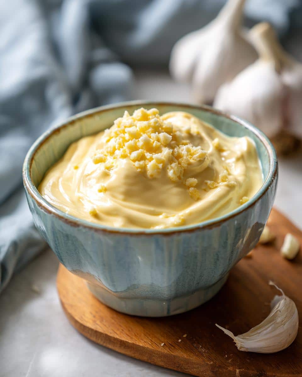 Close-up of a bowl of creamy aioli recipe aioli sauce, topped with minced garlic, on a wooden board.