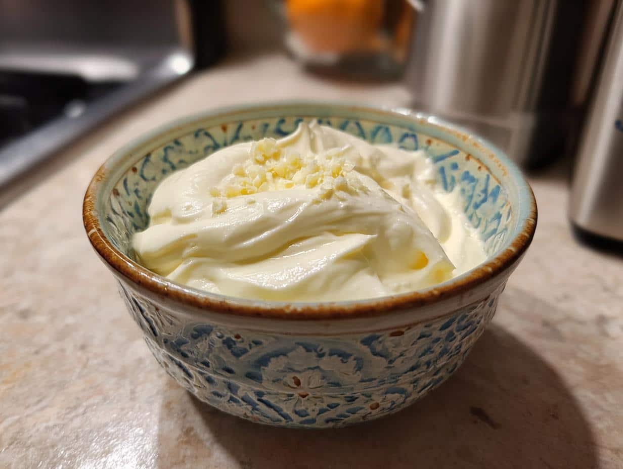 Close-up of creamy aioli recipe aioli sauce in a decorative bowl, topped with minced garlic.