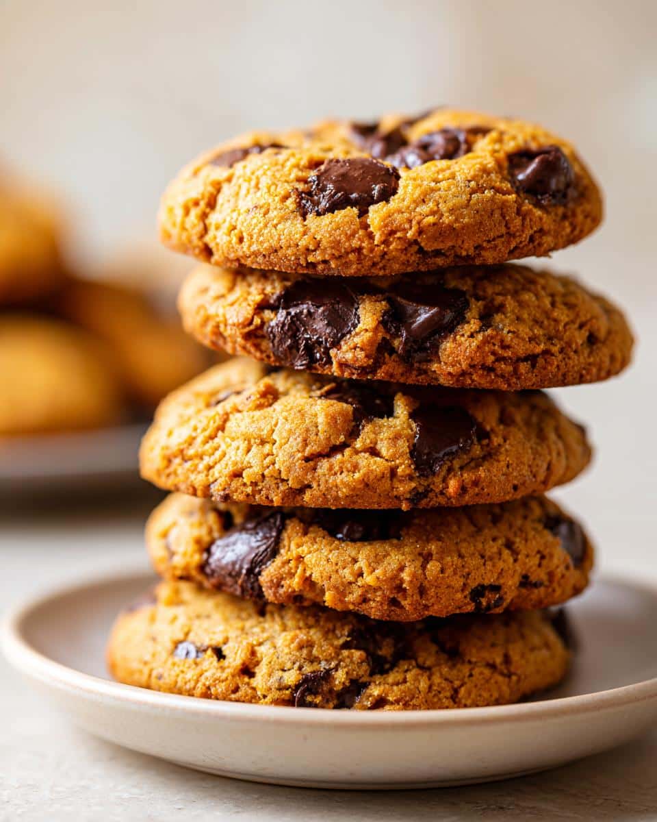 A stack of four golden brown Air Fryer Cookies with melted chocolate chunks on a small plate.