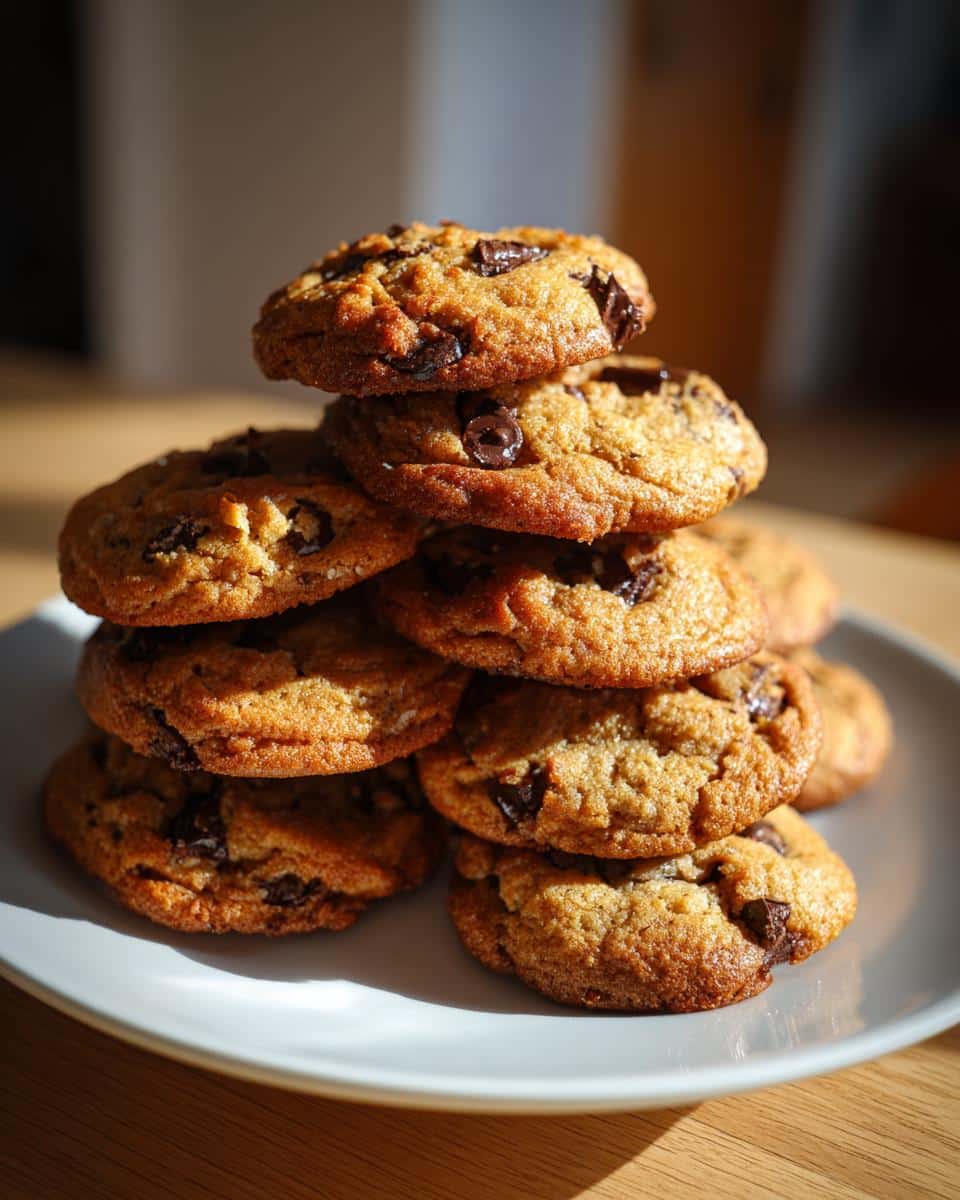 A stack of freshly baked Air Fryer Cookies with melted chocolate chips on a plate.