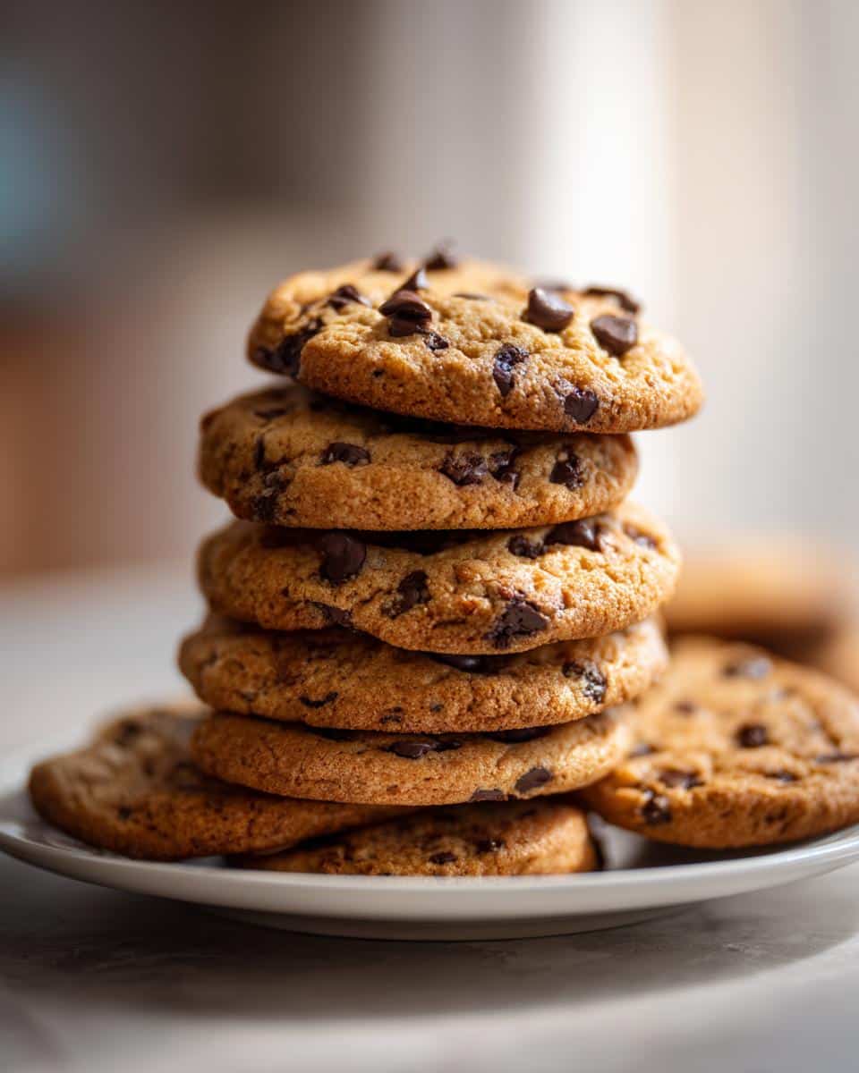 A stack of freshly baked Air Fryer Cookies with melted chocolate chips on a white plate.