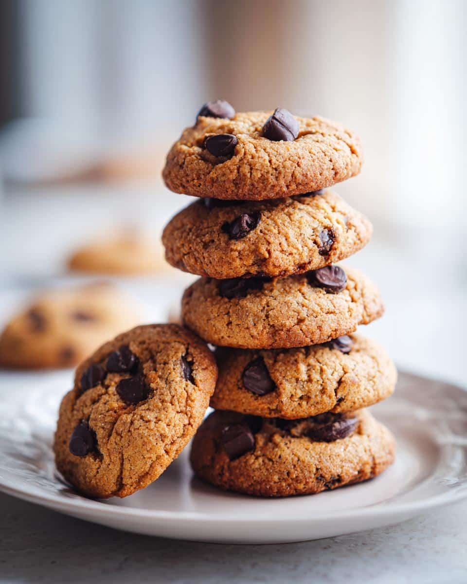 A stack of delicious homemade Air Fryer Cookies with chocolate chips on a white plate.