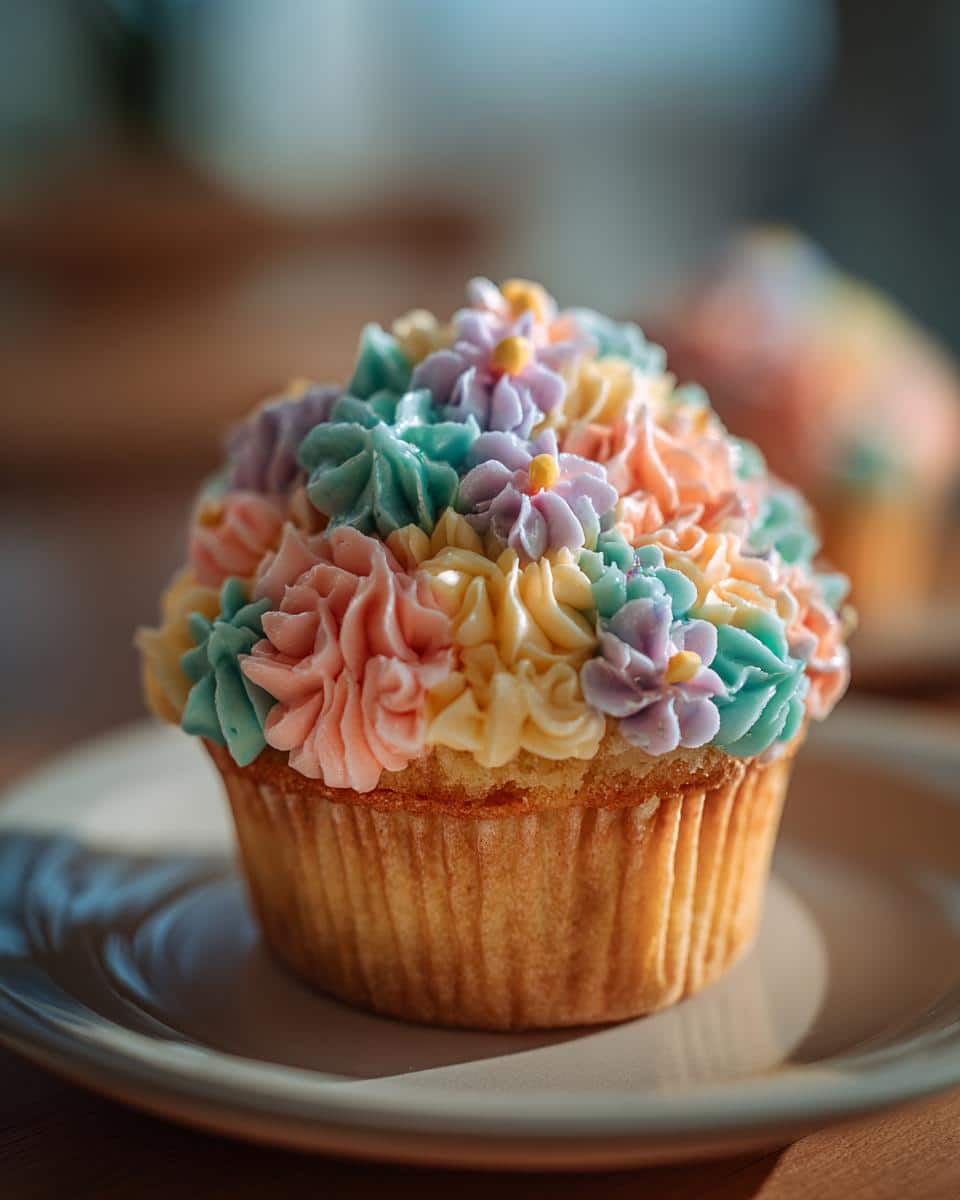 Close-up of a baby in bloom cupcake decorated with pastel floral frosting on a plate.