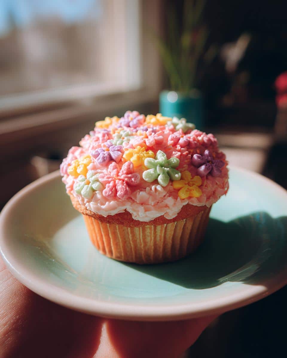 Close-up of a baby in bloom cupcake decorated with colorful buttercream flowers on a light blue plate.