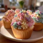 Close-up of baby in bloom cupcakes decorated with pastel-colored floral icing on a white plate.