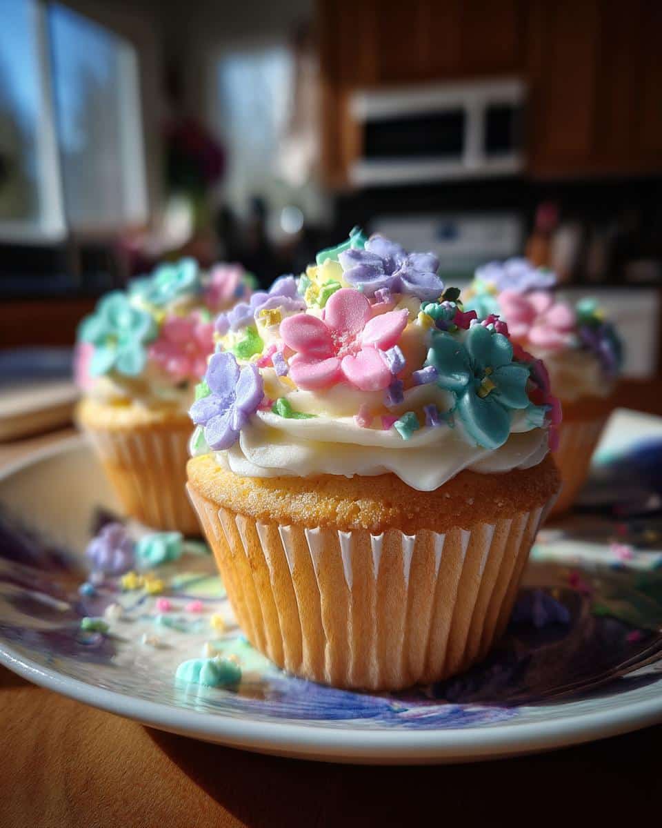 Three baby in bloom cupcakes decorated with buttercream frosting and pastel-colored sugar flowers on a decorative plate.