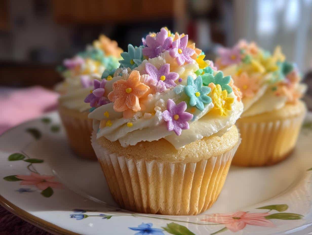 Three baby in bloom cupcakes decorated with colorful sugar flowers and creamy frosting on a floral plate.