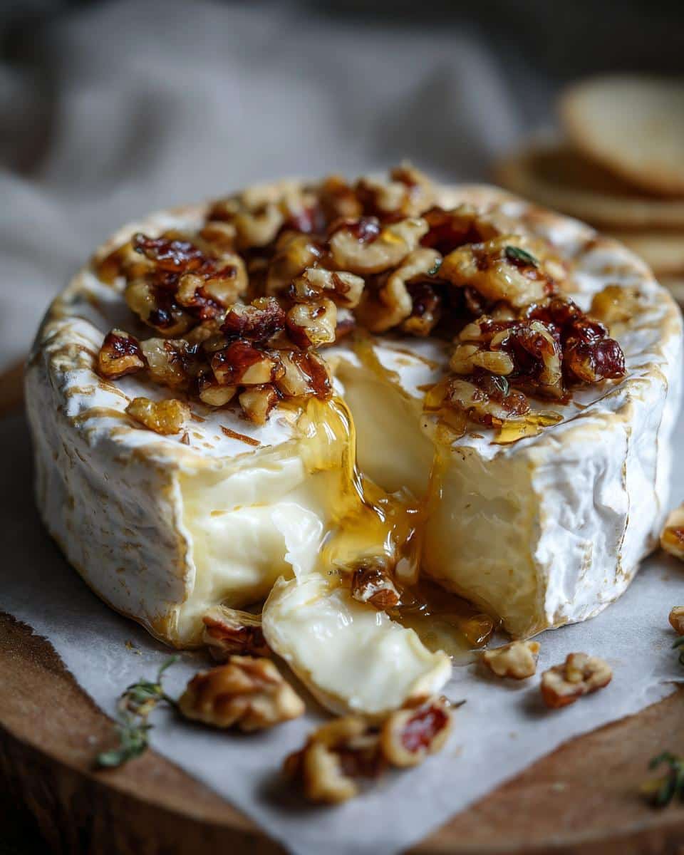 Close-up of baked brie cheese topped with honey and walnuts, oozing melted cheese.