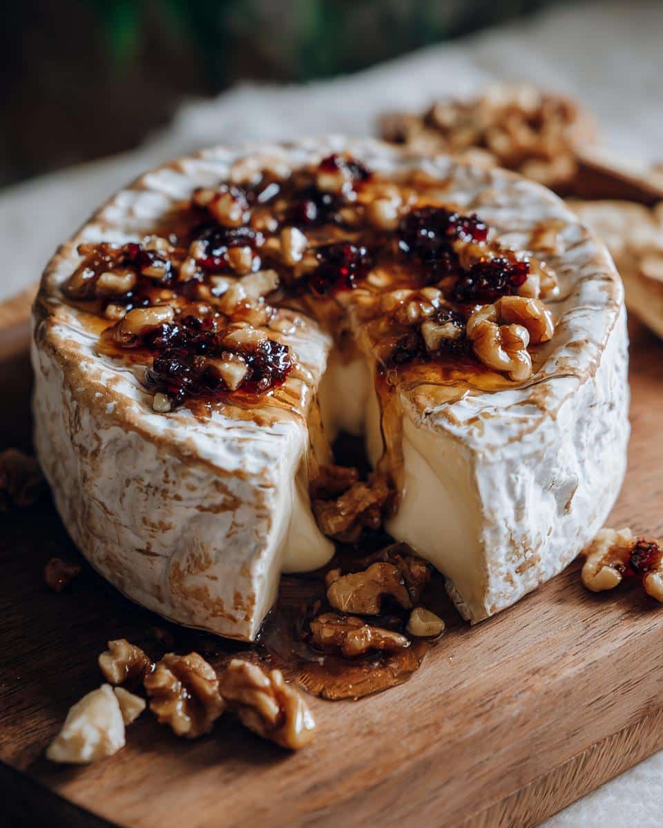 A wheel of baked brie cheese topped with jam and walnuts, with a slice cut out to show the melted cheese.