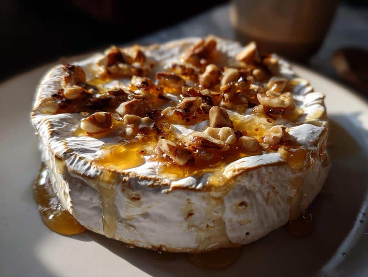 Close-up of baked brie cheese topped with nuts and honey, dripping down the sides.