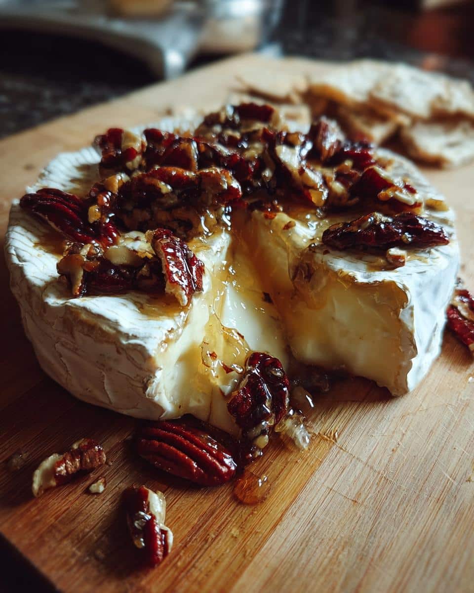 Close-up of baked brie cheese topped with pecans and honey, oozing on a wooden board.