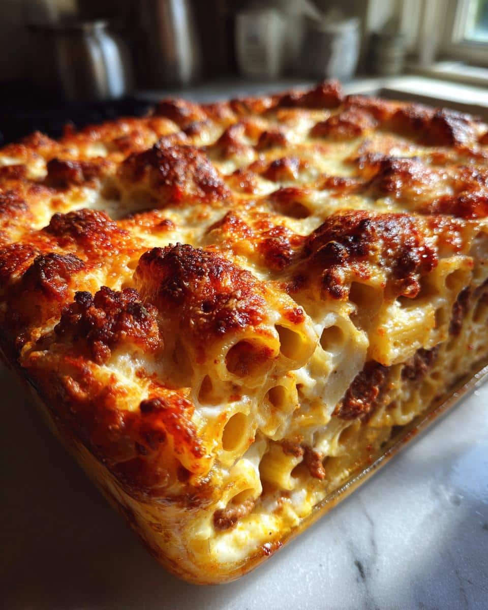 Close-up of baked mostaccioli in a glass baking dish, showcasing the cheesy top and pasta layers.