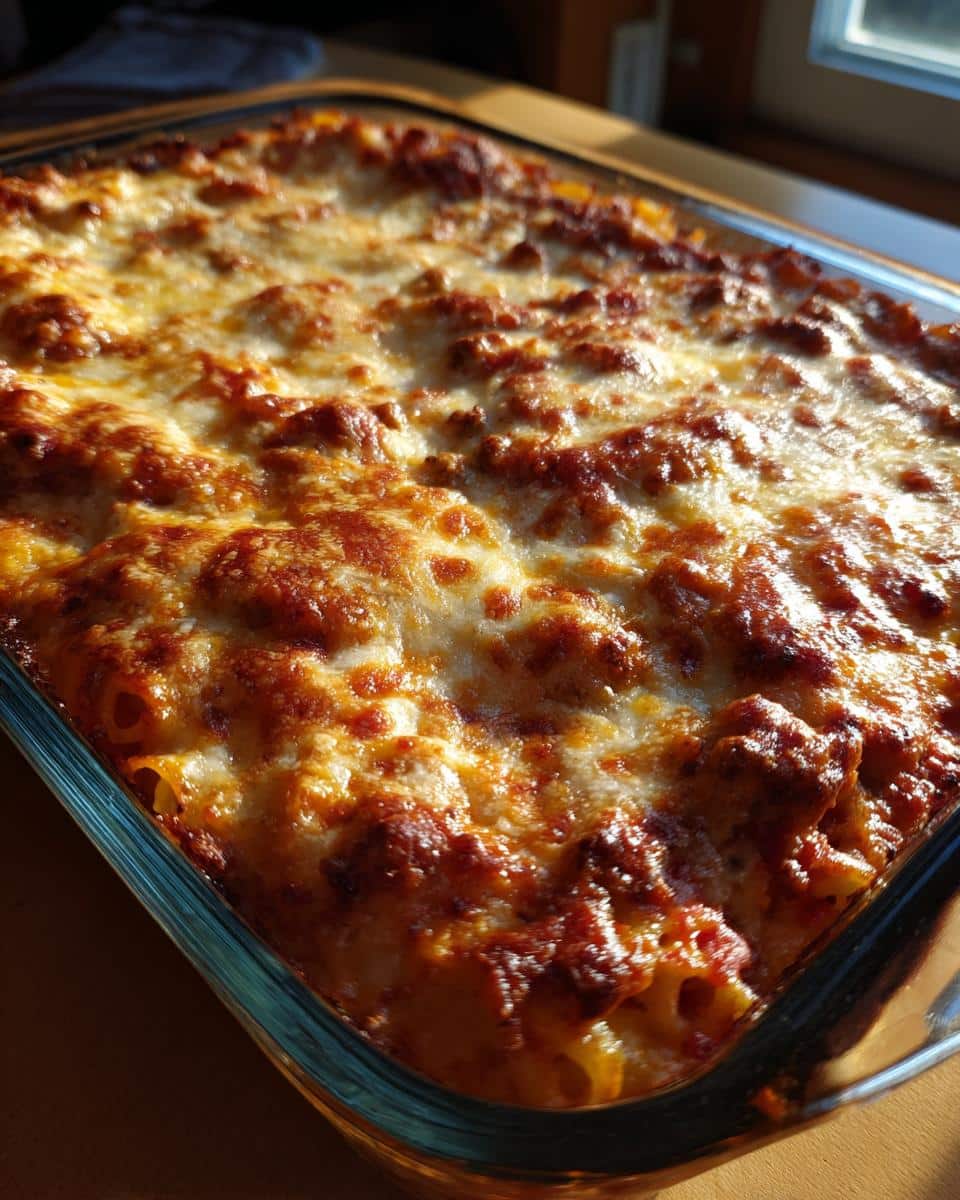 Close-up of freshly baked mostaccioli with melted cheese in a glass baking dish.