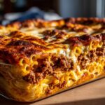 Close-up of baked mostaccioli in a glass baking dish, showcasing layers of pasta, meat sauce, and melted cheese.