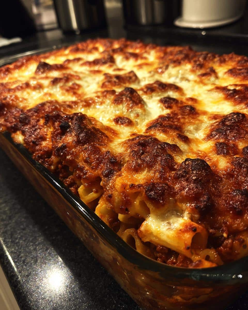 Close-up of cheesy baked mostaccioli in a glass baking dish, fresh from the oven.