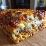 A close-up of a slice of baked mostaccioli with layers of pasta, meat sauce, and melted cheese on a wooden board.