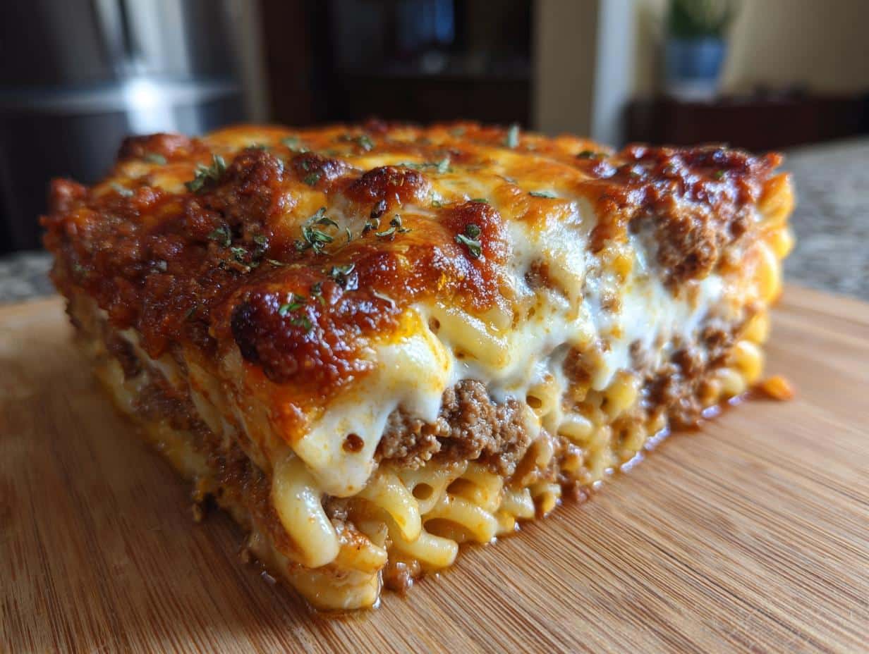 A close-up of a slice of baked mostaccioli with layers of pasta, meat sauce, and melted cheese on a wooden board.