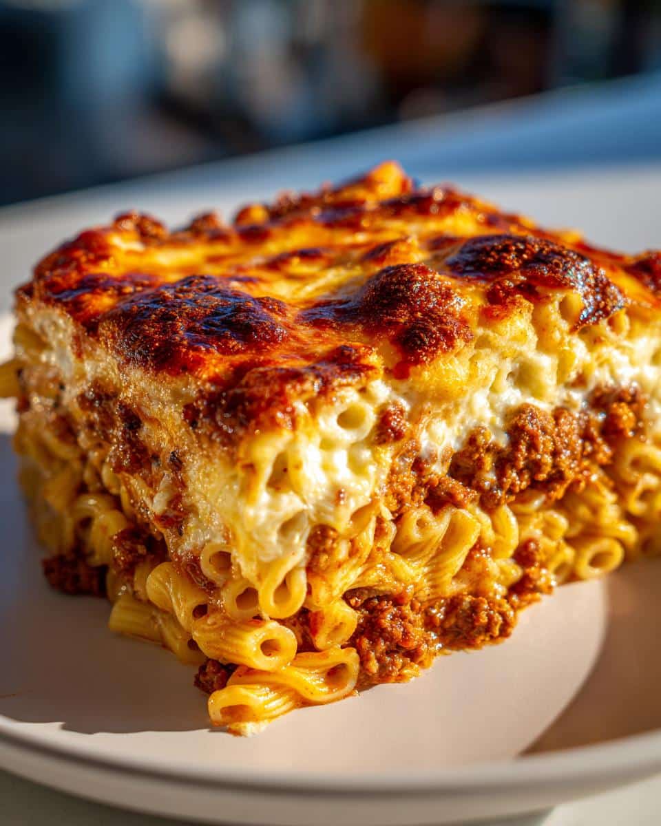 A close-up of a slice of baked mostaccioli with layers of pasta, meat sauce, and a golden, cheesy topping.