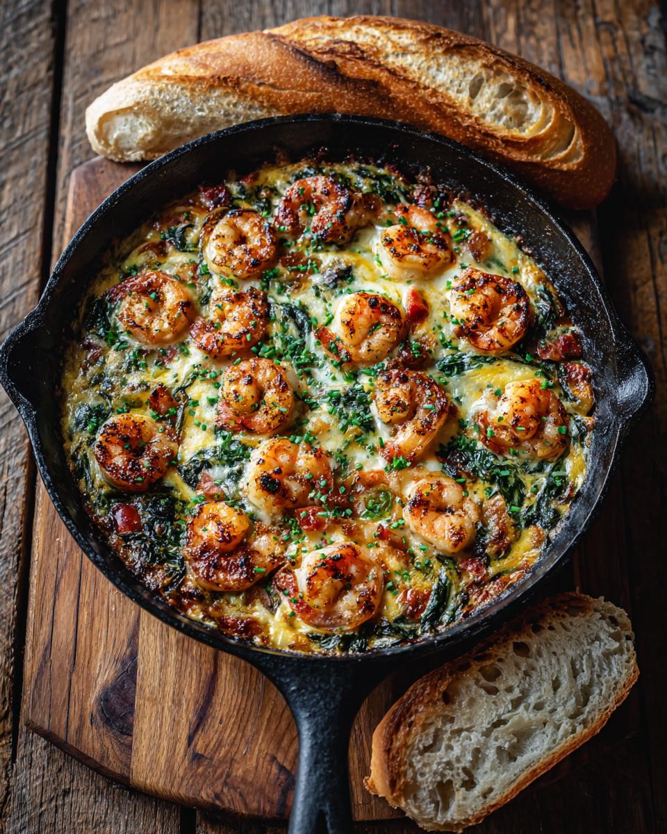 Overhead view of baked shrimp and spinach dip in a cast iron skillet, served with crusty bread. One of many easy shrimp recipes.