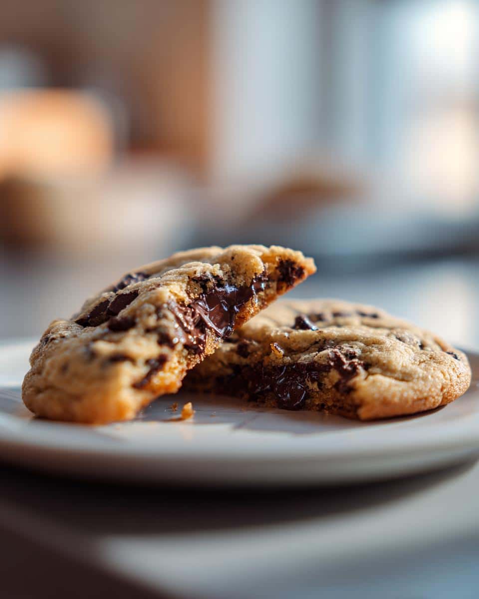 A bakery style cookie split in half, revealing melted chocolate chips inside.