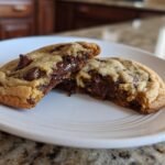 A bakery style cookies broken in half, revealing melted chocolate chips on a white plate.