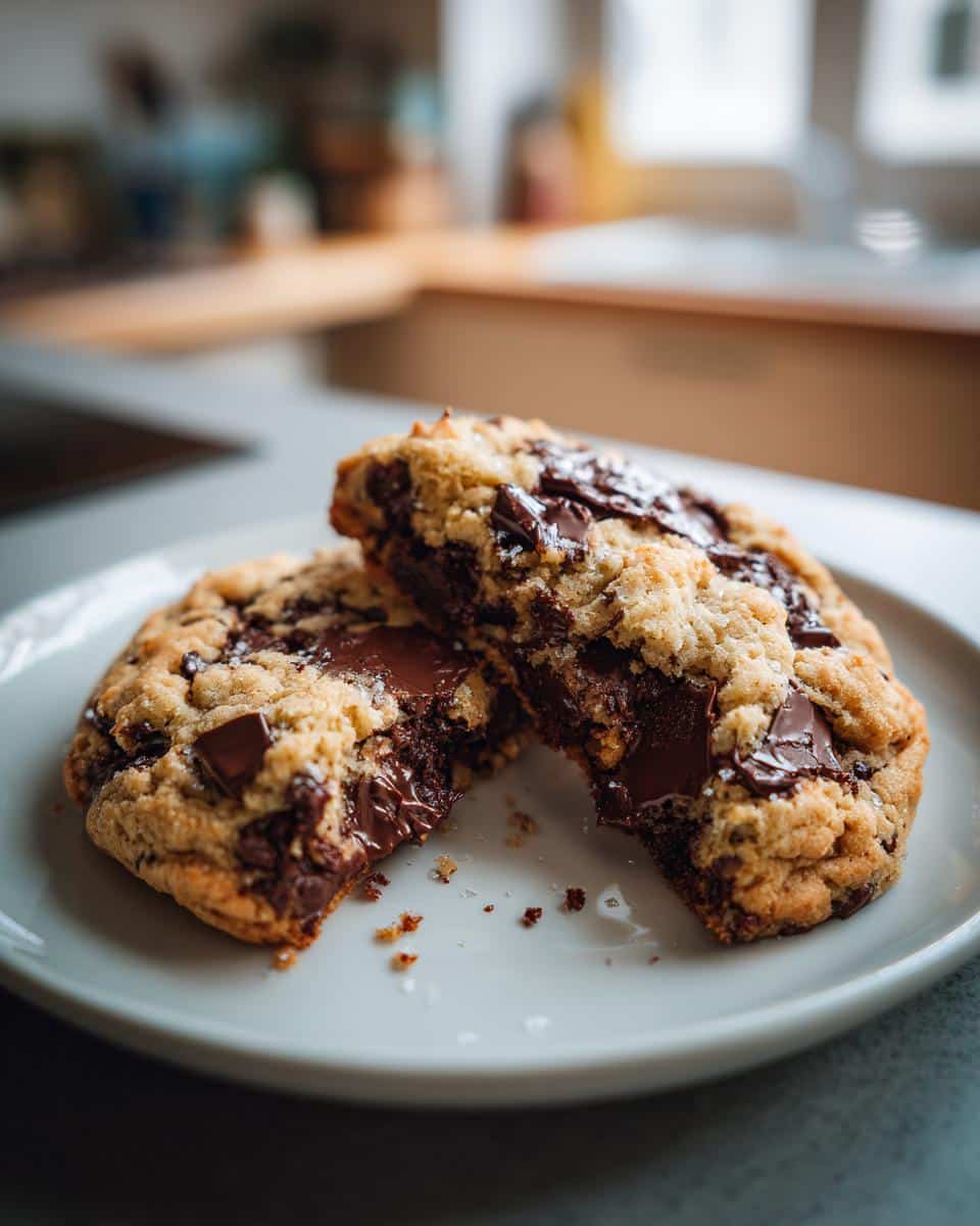 Two Bakery Style Cookies, one broken in half to show the melted chocolate chunks inside, on a white plate.