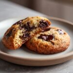 Two Bakery Style Cookies on a plate, one broken in half to show the chocolate chunks inside.