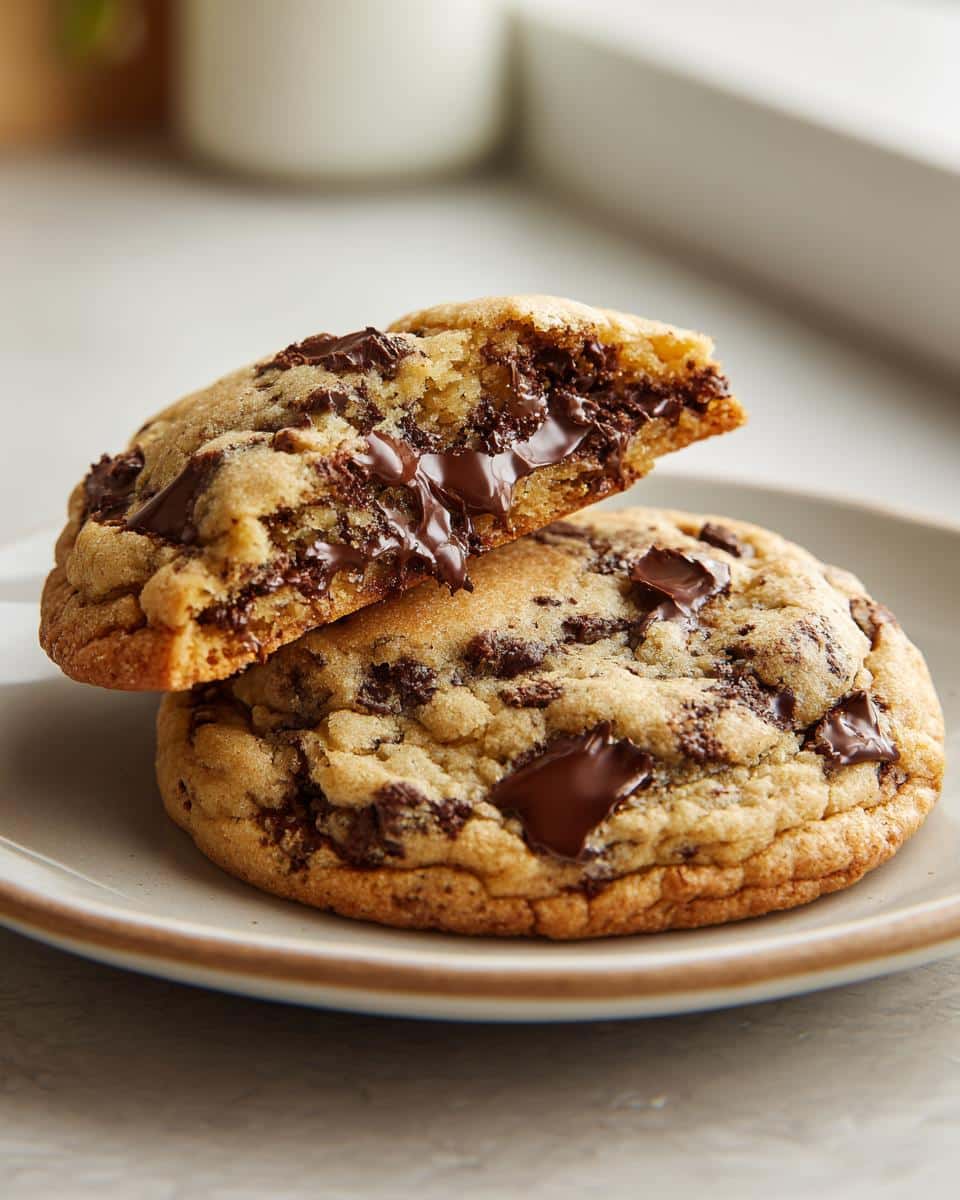 Two Bakery Style Cookies stacked on a plate, top cookie broken in half to show melted chocolate.