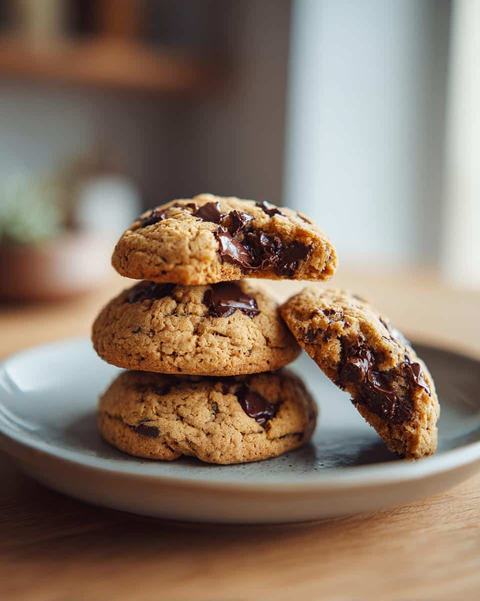 A stack of delicious Bakery Style Cookies with melted chocolate chunks on a gray plate, one cookie broken in half.