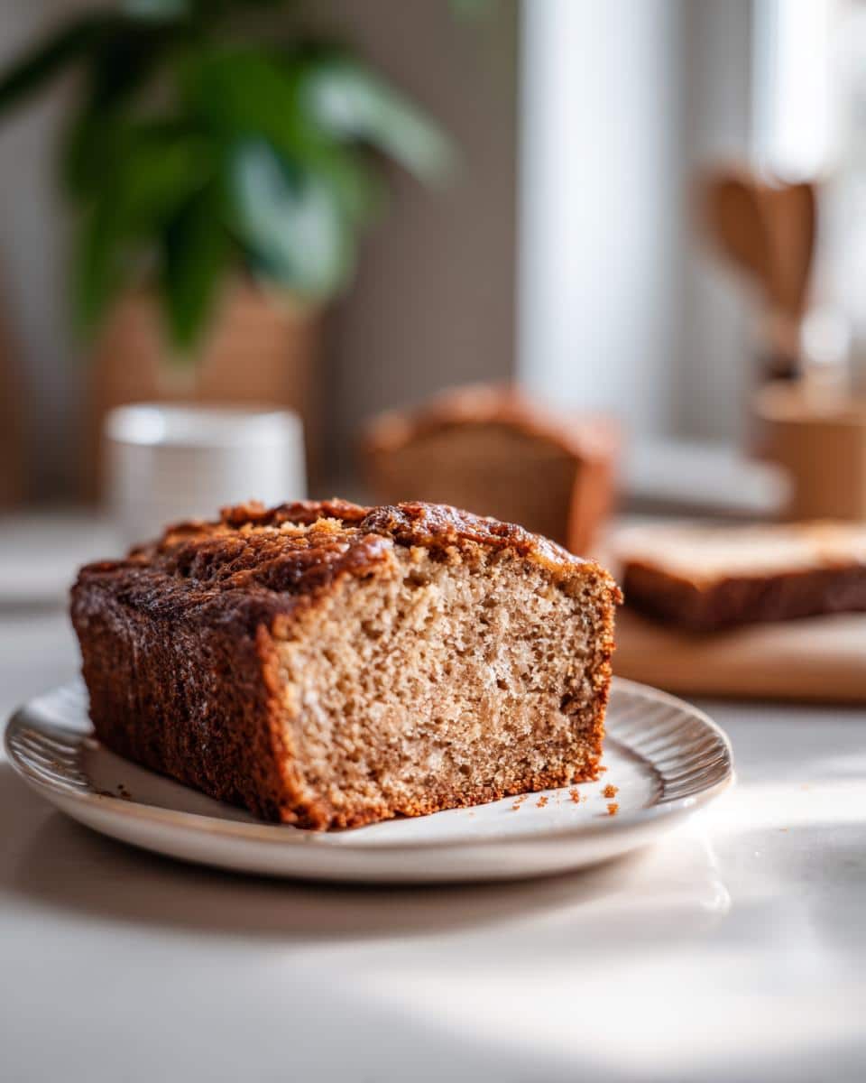 A delicious loaf of banana bread sits on a plate, showcasing its moist texture and golden-brown crust.