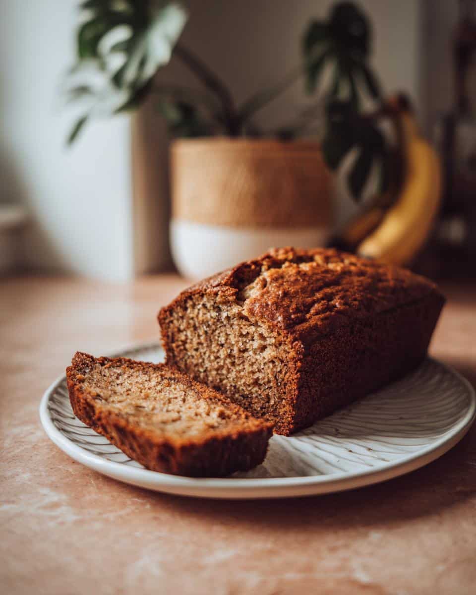 A loaf of banana bread with a slice cut, presented on a plate. Ripe bananas are visible in the background.
