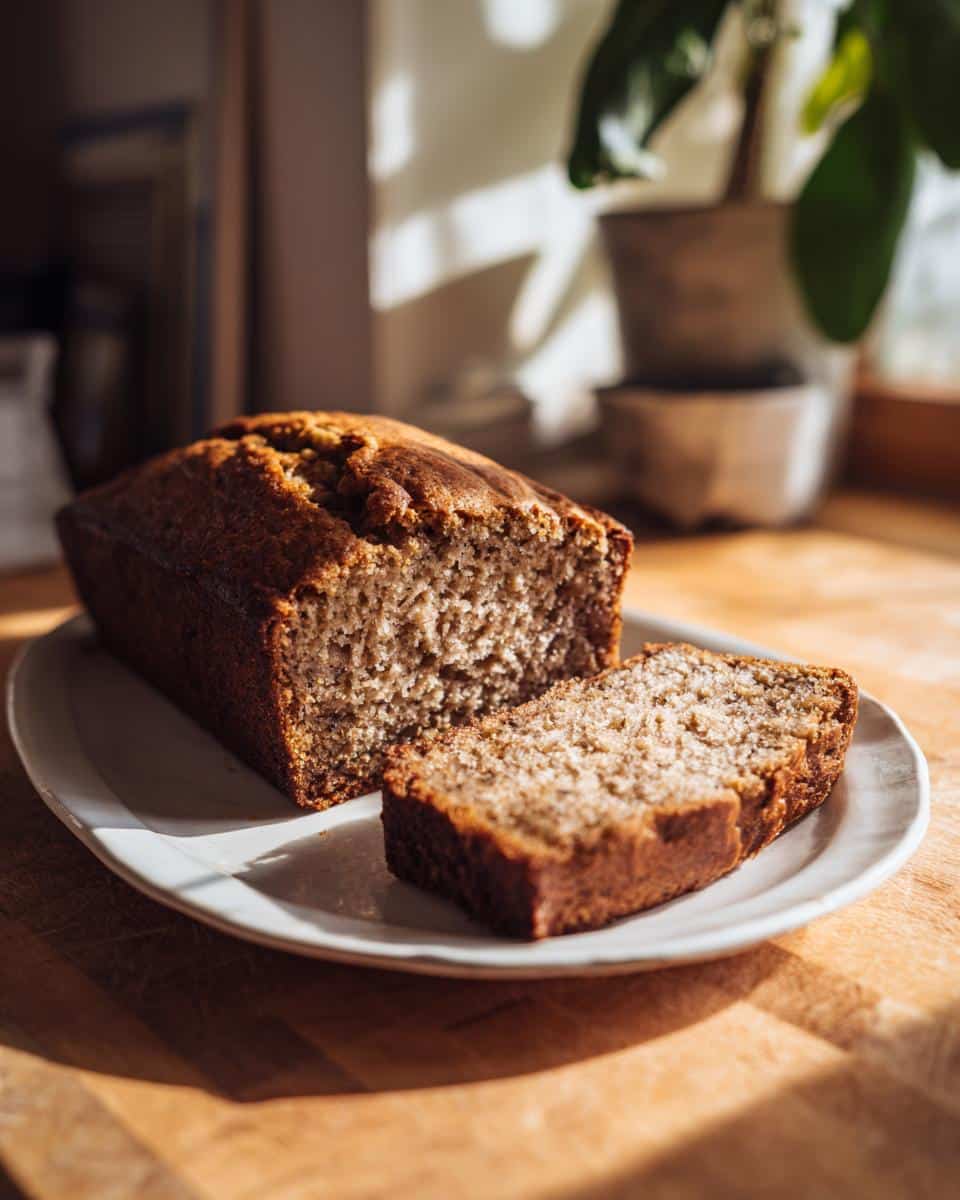 A freshly baked loaf of banana bread with a slice cut, sitting on a white plate, ready to eat.