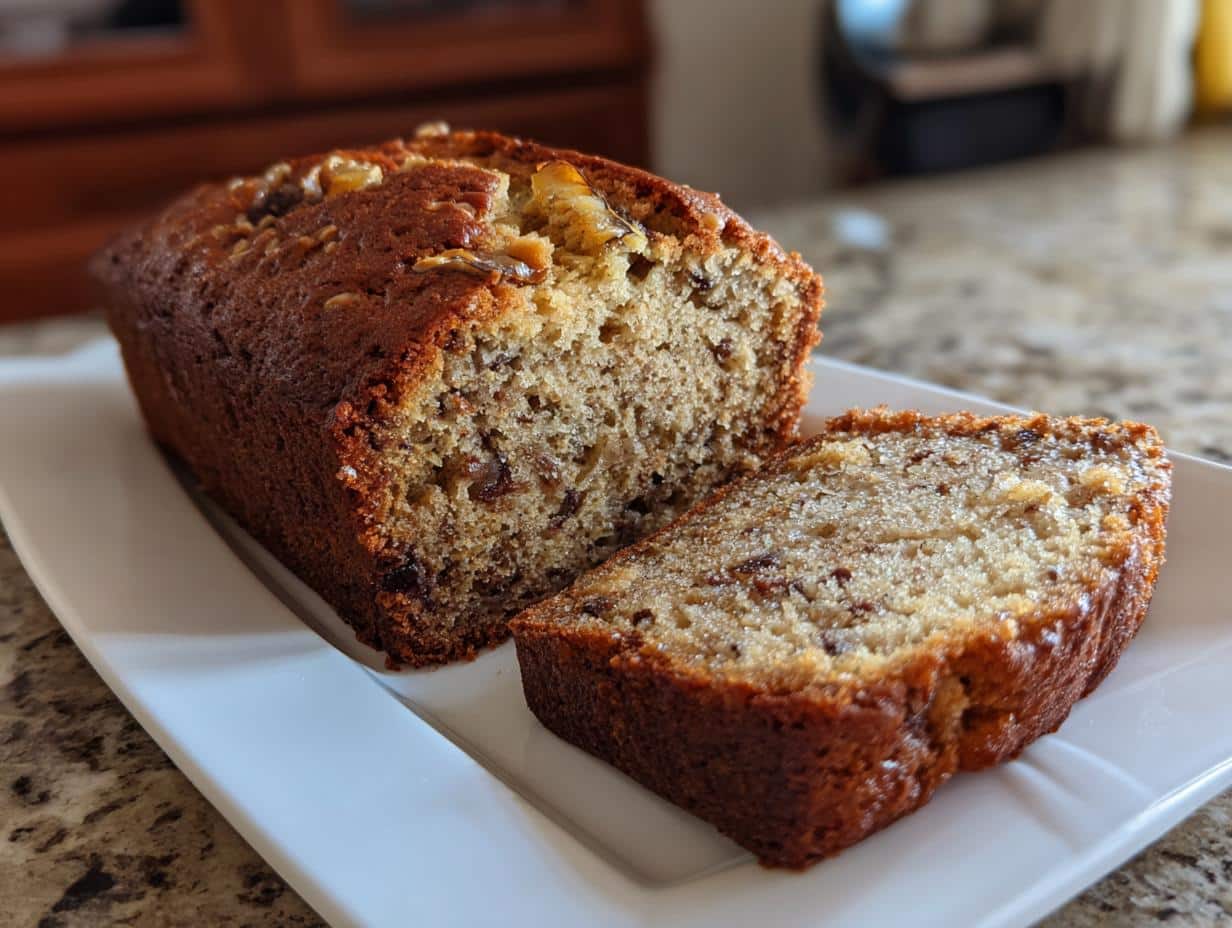 A loaf of banana bread with a slice cut, showcasing the moist texture and ingredients.