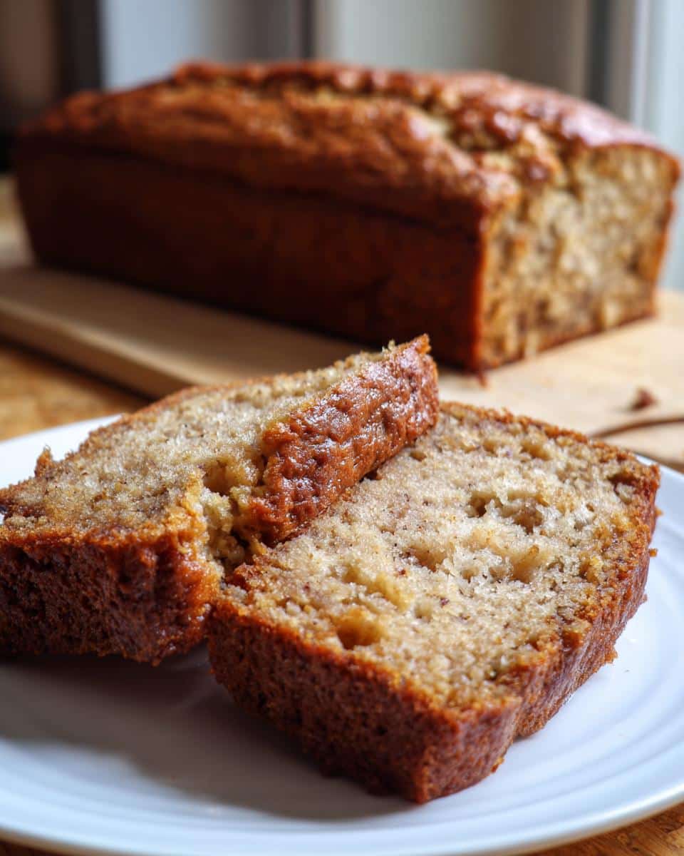 Two slices of moist banana bread on a white plate, with the full loaf in the background. Freshly baked banana bread.