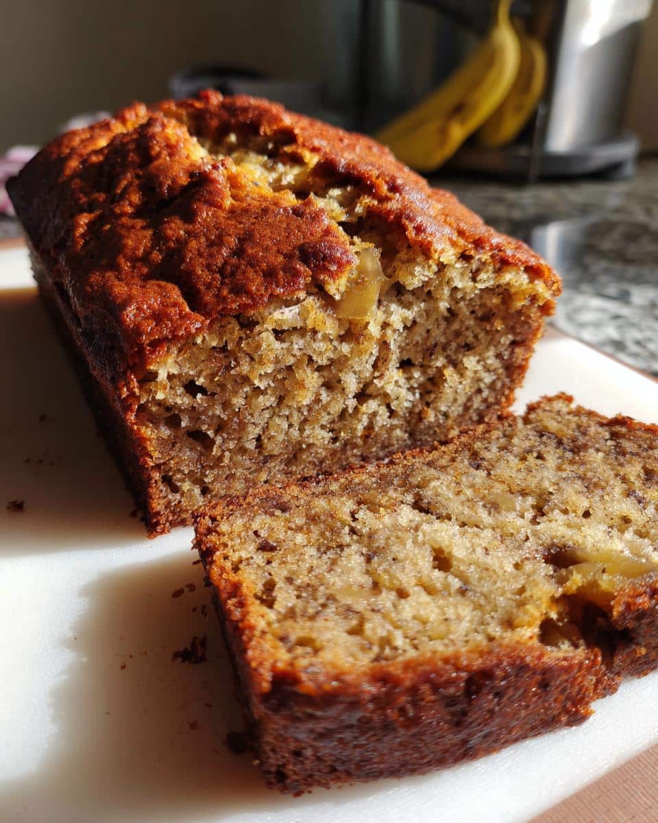Freshly baked banana bread, a delicious wedding shower food option, sliced on a white cutting board.