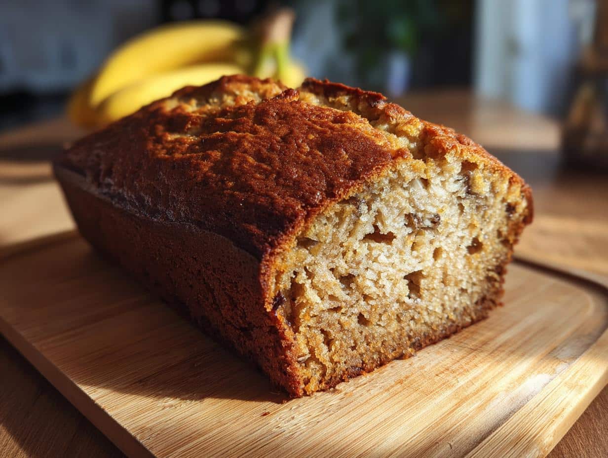 Freshly baked banana bread, perfect wedding shower food, on a wooden board with bananas in the background.