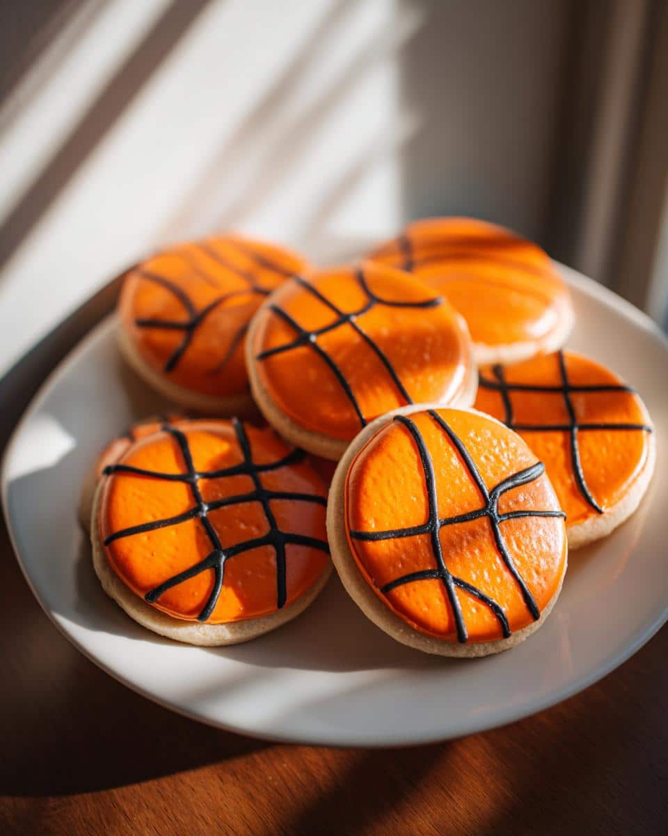 A plate of decorated basketball cookies with orange icing and black lines, ready to be enjoyed.