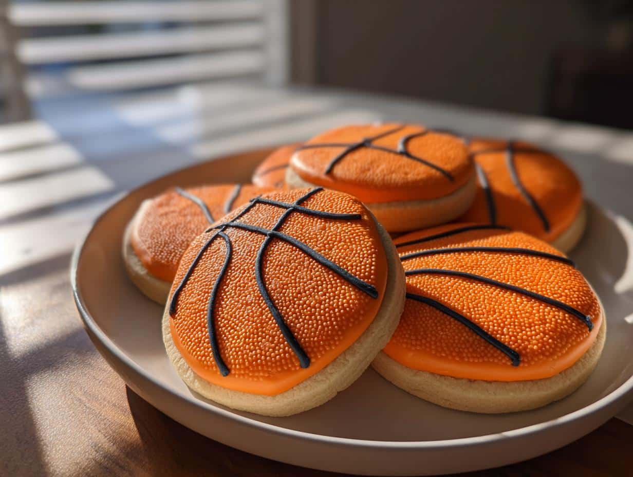 A plate of decorated basketball cookies with orange icing and black lines, resembling basketballs.