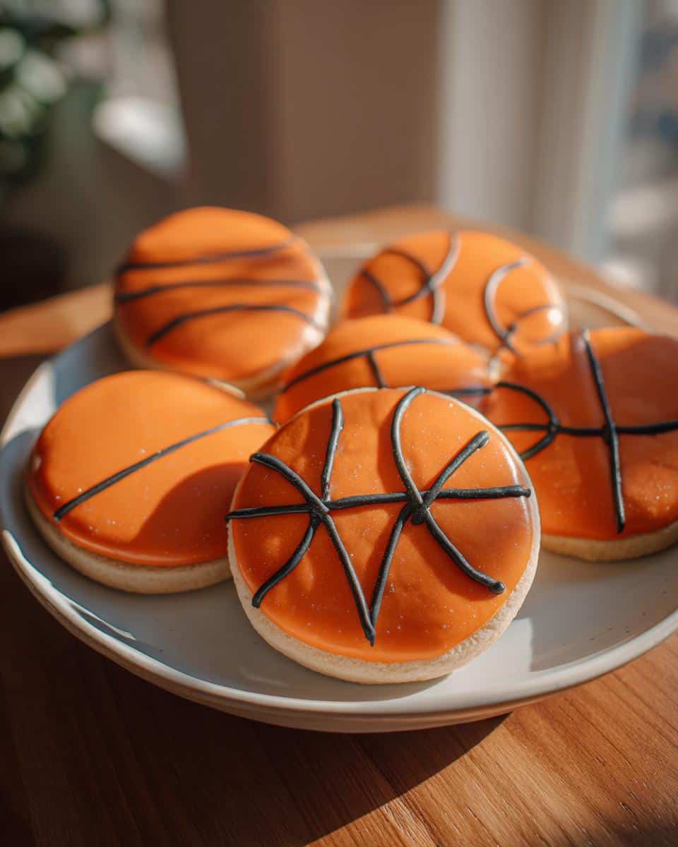 A plate of decorated basketball cookies with orange icing and black line details.