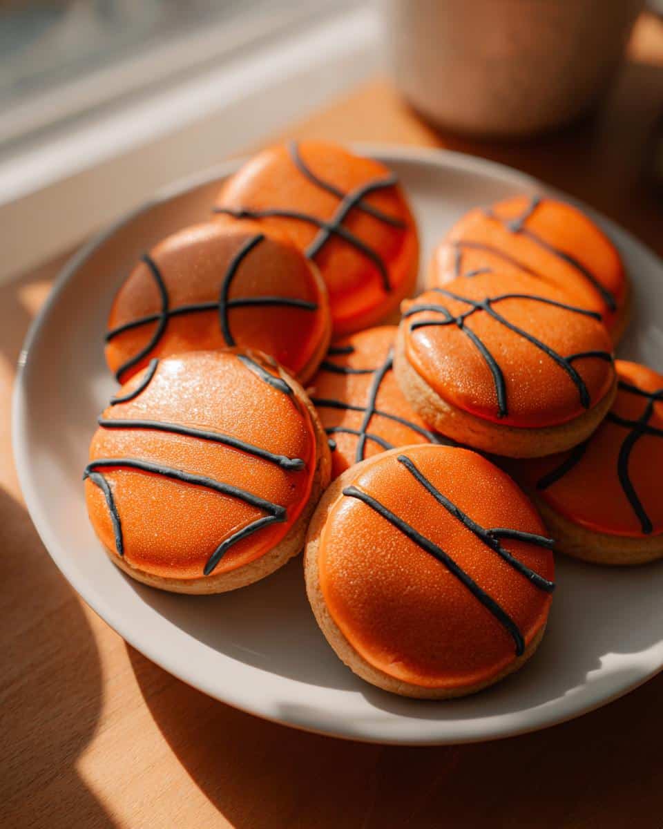 A plate of orange basketball cookies with black line decorations, perfect for a sports-themed treat.