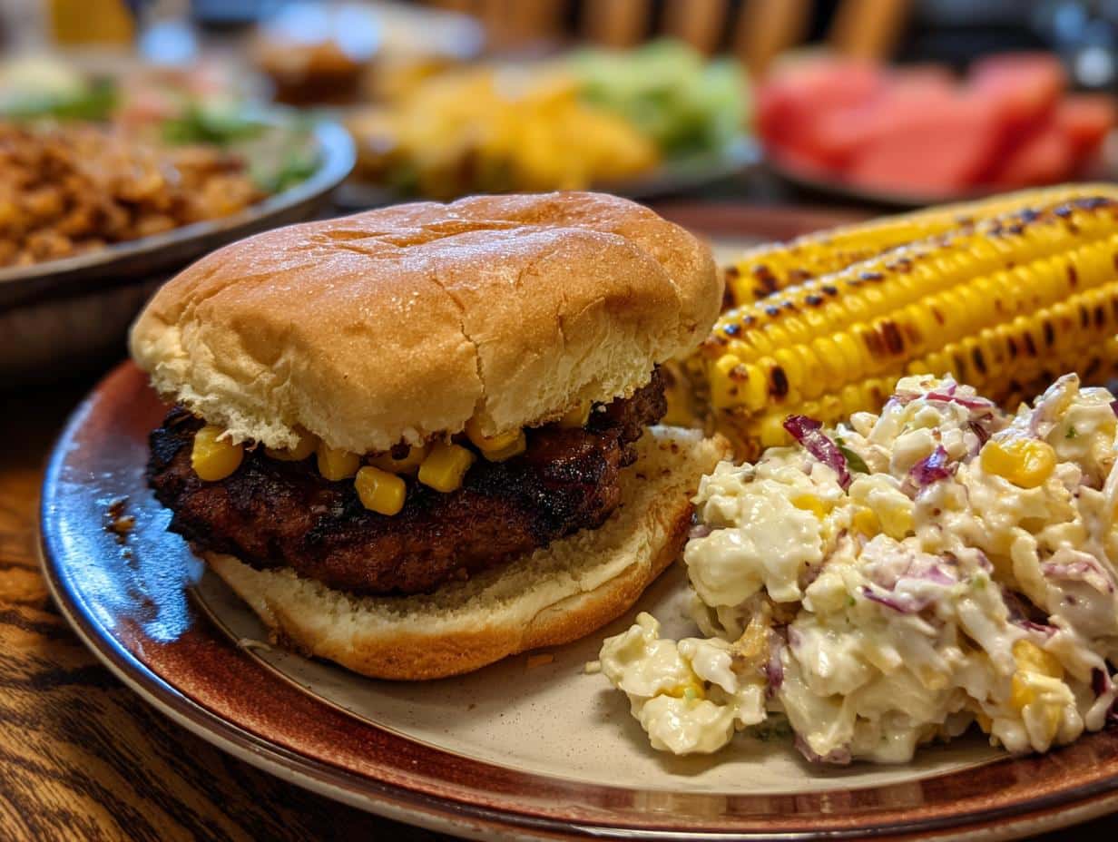 A delicious burger with corn and salad, perfect for BBQ baby shower ideas. Grilled corn and potato salad complete the meal.