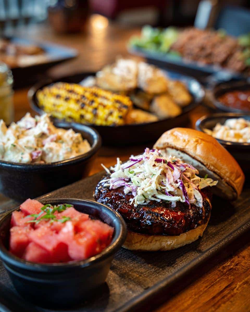 A BBQ burger with coleslaw, corn on the cob, watermelon, and other sides, perfect for BBQ baby shower ideas.