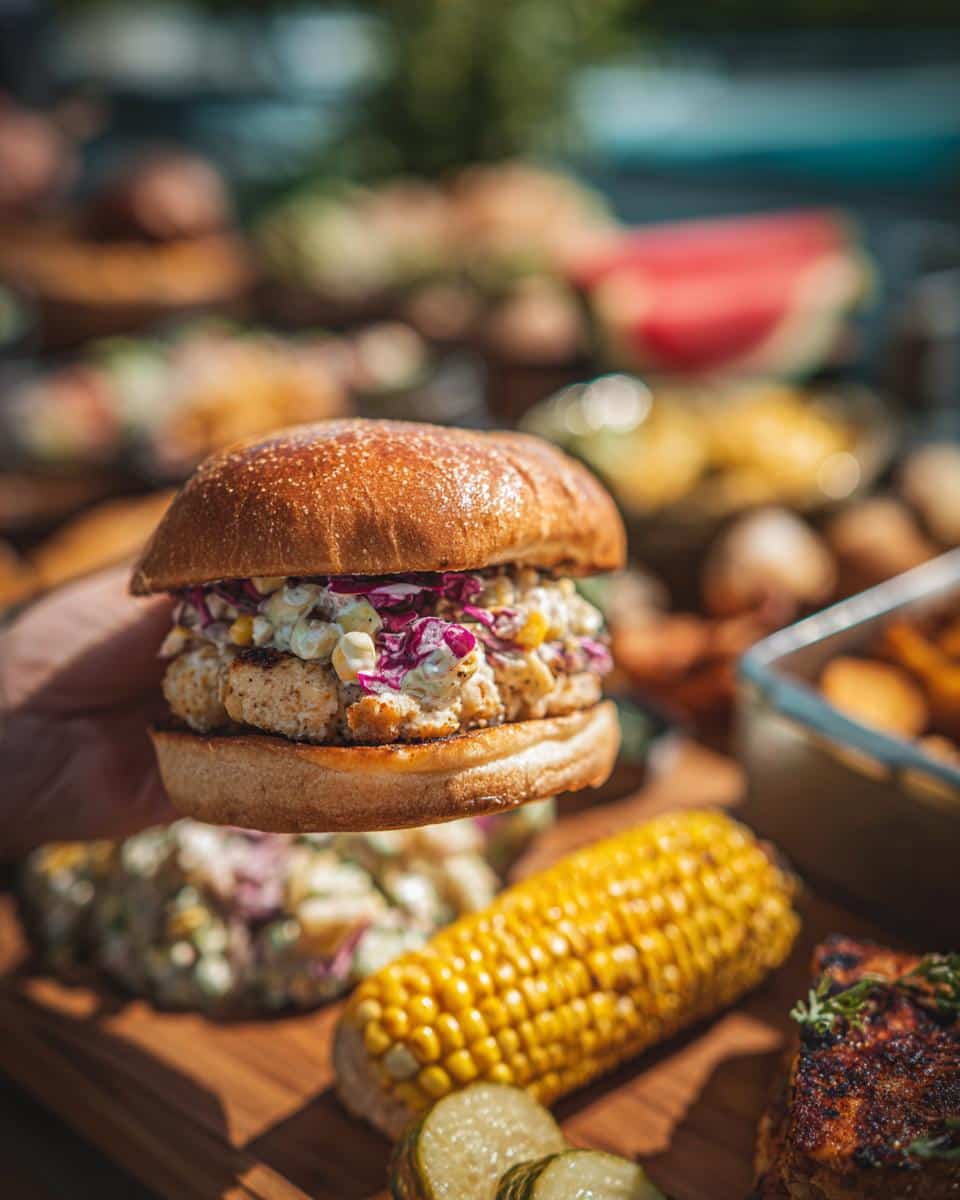 A delicious burger, part of BBQ baby shower ideas, held over a platter of corn, pickles, and other tasty food.