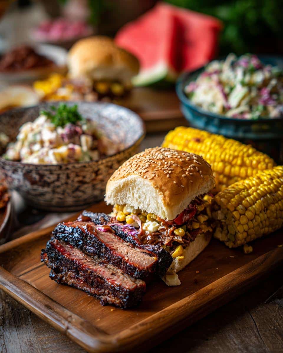 A delicious BBQ brisket sandwich with corn on the cob, perfect for BBQ baby shower ideas.