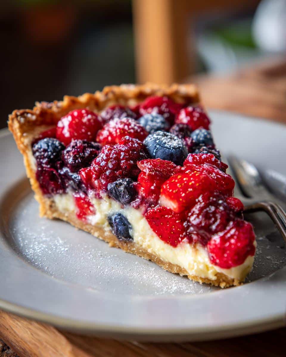 Slice of berry tart, a delicious and healthy game day desserts option, with strawberries, raspberries, and blueberries.
