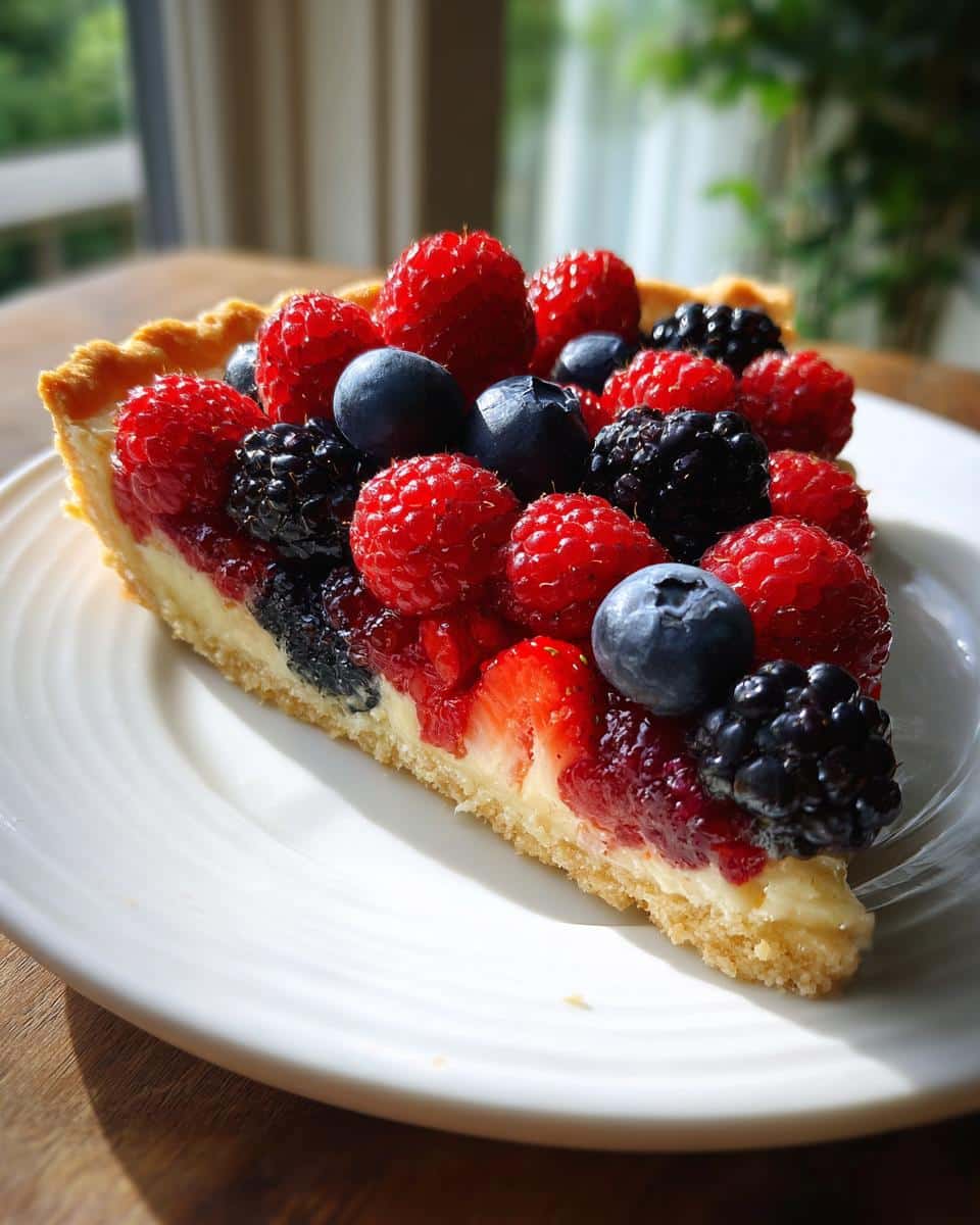 A slice of berry tart, a colorful and delicious option for Healthy Game Day Desserts, featuring raspberries, blueberries, and blackberries.