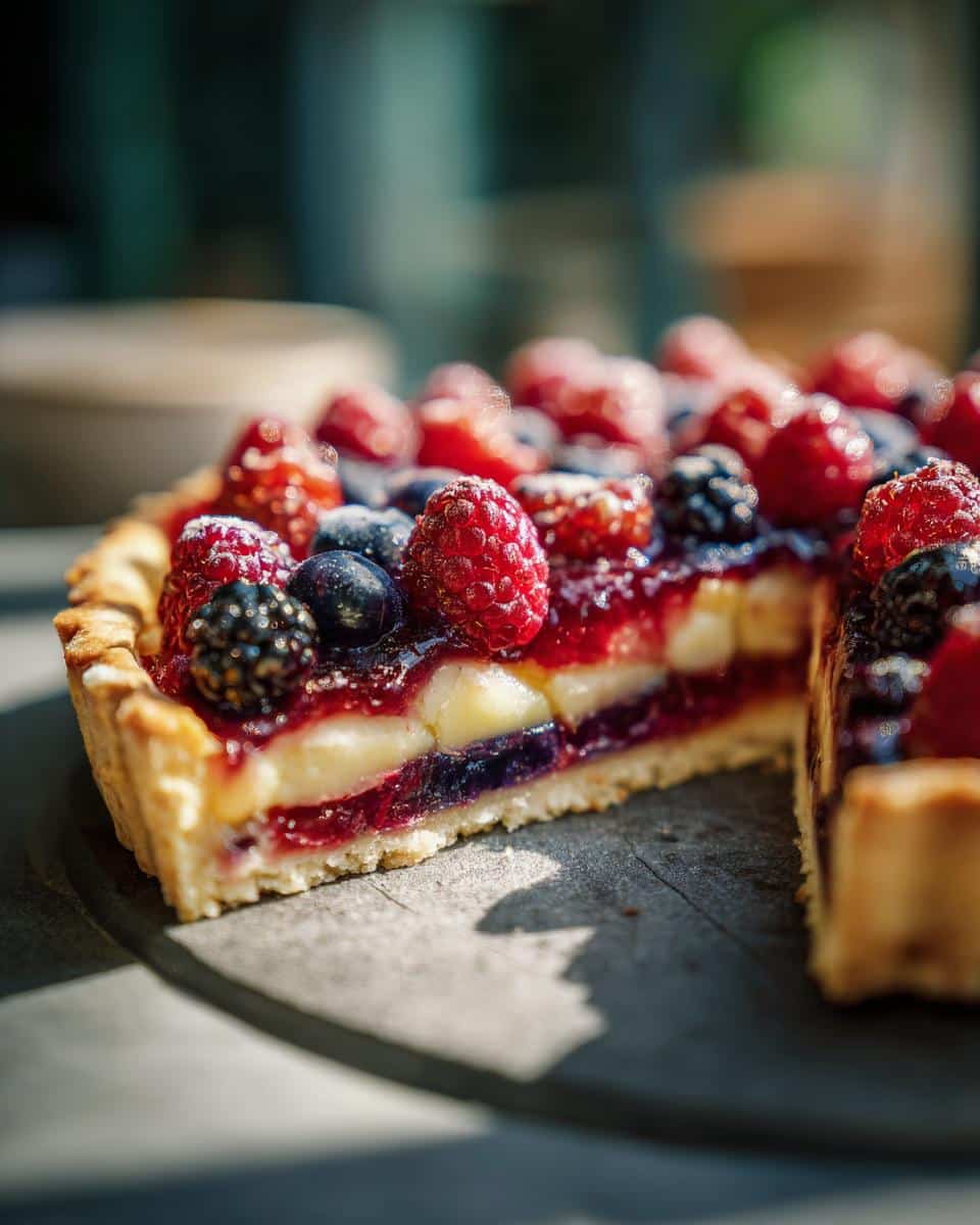 Slice of berry tart, a healthy game day dessert, featuring raspberries, blueberries, and blackberries.