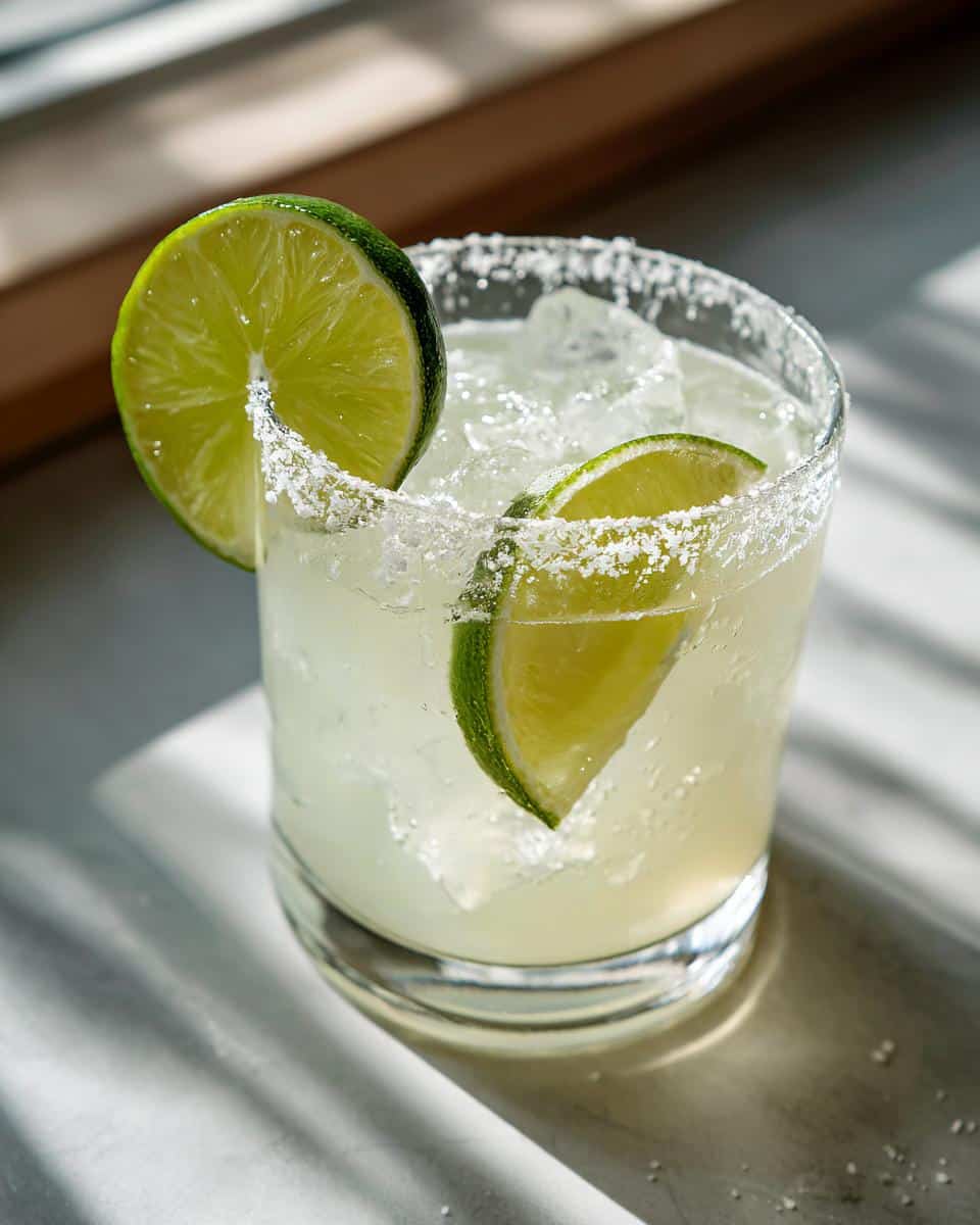 A refreshing best classic margarita recipe, garnished with lime and a salted rim, served over ice.