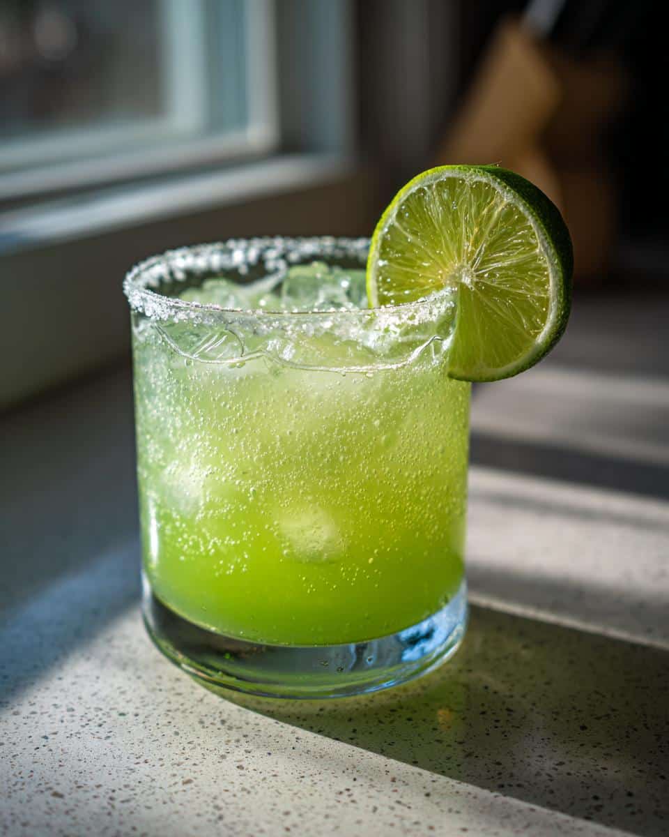 A vibrant glass of the best margarita recipe, garnished with a lime wedge and salted rim.