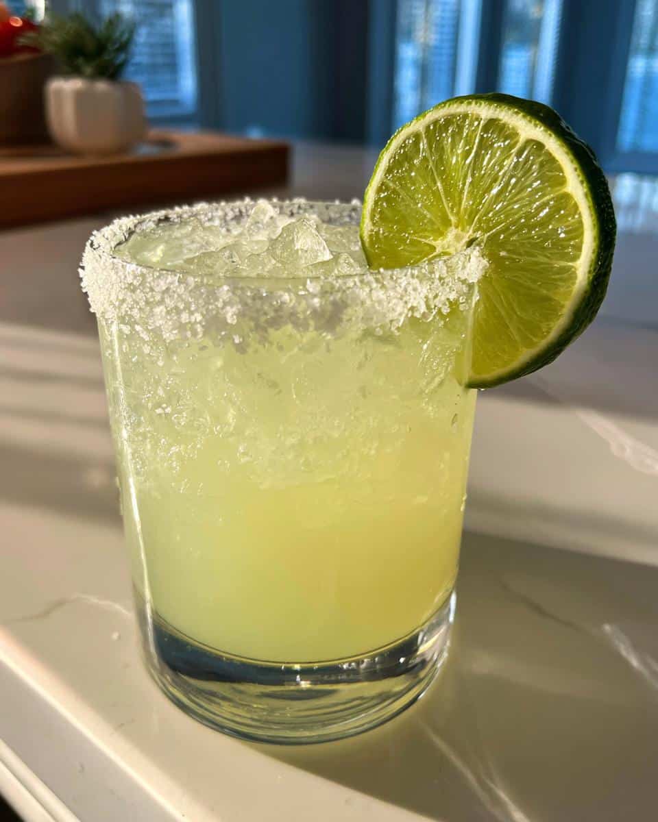 A salted rim margarita with a lime wedge, showcasing the best margarita recipe.